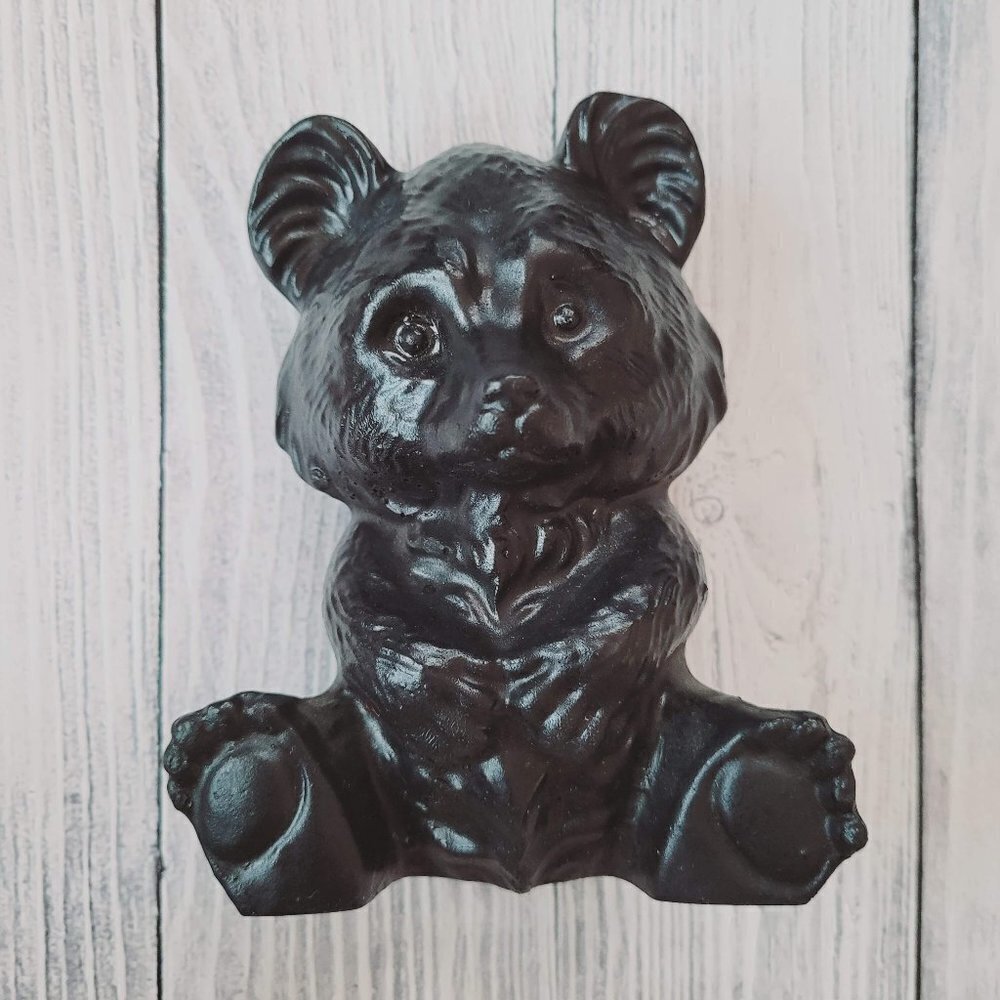 Vintage Hand Carved Coal Black Grizzly Sweet Teddy Bear Figurine